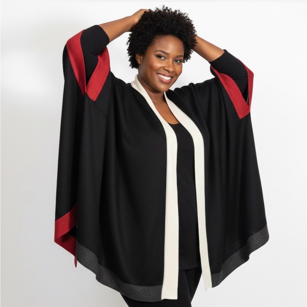 Coldwater Creek Poncho‎ Womens One Size Ruana Wrap Black Red Colorblock Wool New